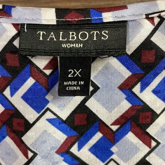 Talbots Women's Plus Size 2X V-Neck Patterned Semi Sheer Blouse White Blue - Picture 6 of 10